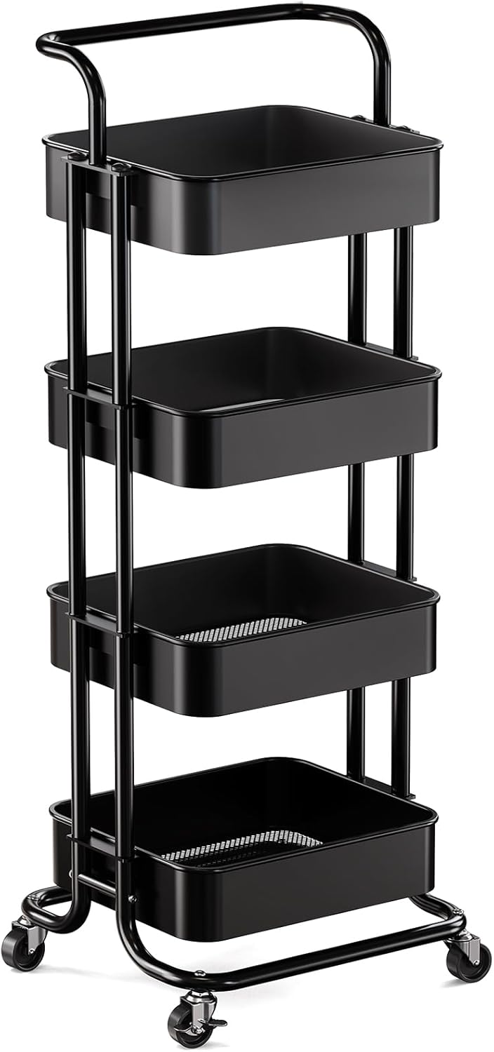 Pipishell 4 Tier Mesh Utility Cart, Rolling Metal Organization Cart with Handle and Lockable Wheels, Multifunctional Storage Shelves for Kitchen Living Room Office White, PIUC12W
