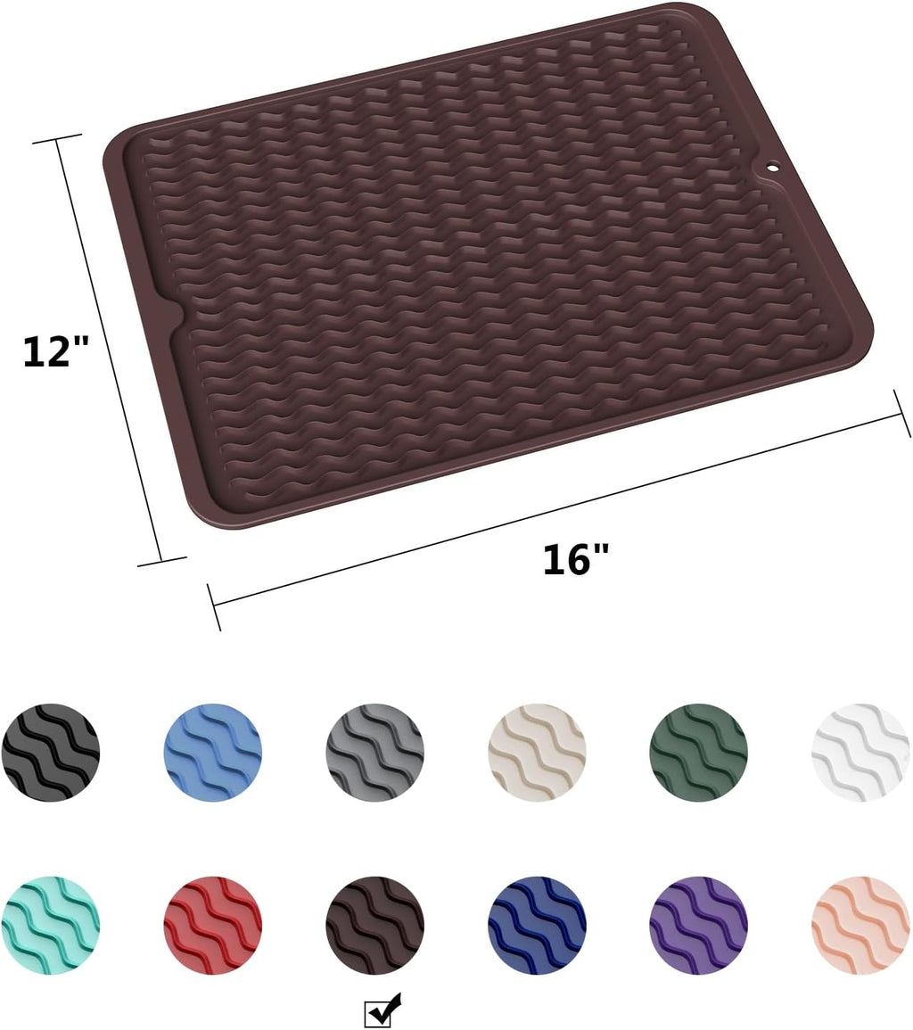 ZLR Silicone Dish Drying Mat for Kitchen Counter, Eco-Friendly Fast Dry Dish Mat, Easy Clean Multi Usage Drying Matt, Heat Resistant Trivet, 12" x 16" Large, Coffee