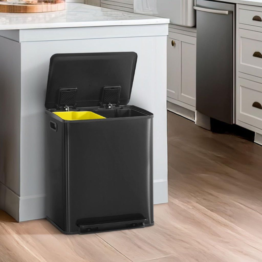 CAPHAUS Black Dual Trash Can w/Single Lid, Trash & Recycle Bins Combo, Hands-Free Stainless-Steel Garbage Can for Kitchen, with 2 Compartment, Hinged Lid, Odor Filters, Handles, 25L+25L, 2 x 6.6 Gal