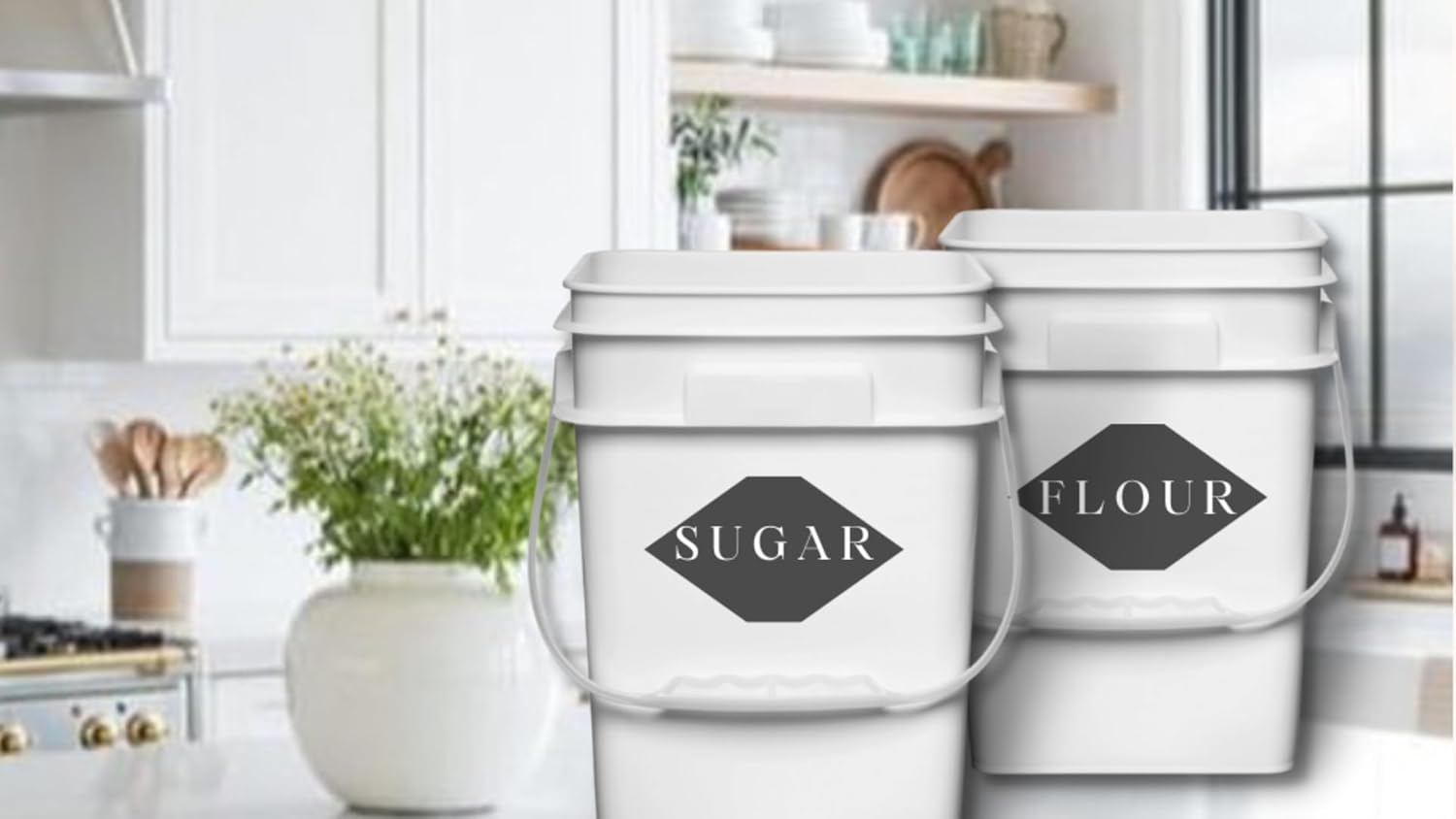 House Naturals 4 Gallon Square Food Grade Bucket Pail with Plastic Handles and Lid (Pack of 3) Made in USA containers (White - Black lids)