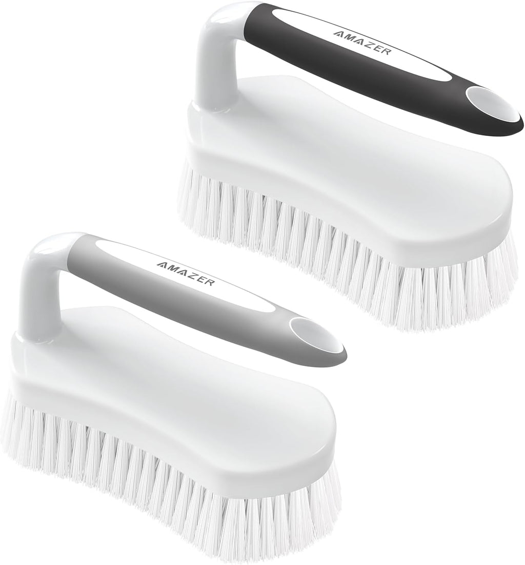 Amazer Scrub Brush for Cleaning Comfort Grip Bathtub Scrubber Stiff Bristles with Handle Heavy Duty Shower Cleaner Brush for Tub Carpet Floor Sink Outdoor - Pack of 2 (Black+Grey)