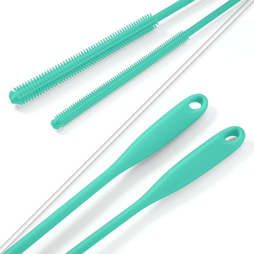Silicone Straw Brush 4 Pack - (2 Small, 2 Wide) - 10 Inches Reusable Straw Cleaner, Pipe Cleaners, Straw Cleaning Tool for Drinking Straws, Pipes, Tubes, Glass and Detailing (Teal)