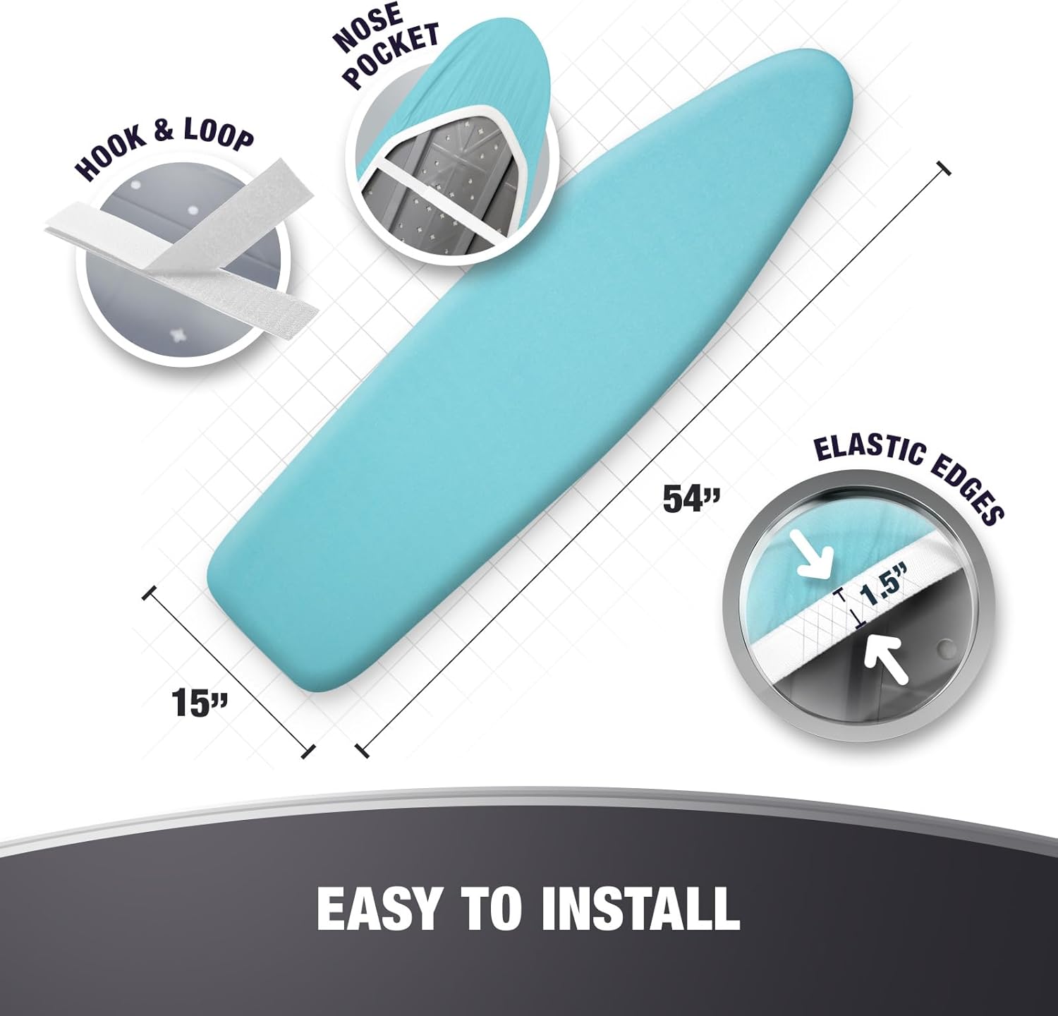 Extra Thick Ironing Board Covers with Pad Standard Size 15x54, Heat Reflective Full Scorch Resistant Padding, Snug Fit Non-Slip Nose Pocket Fastener Straps Elastic Edges, Turquoise