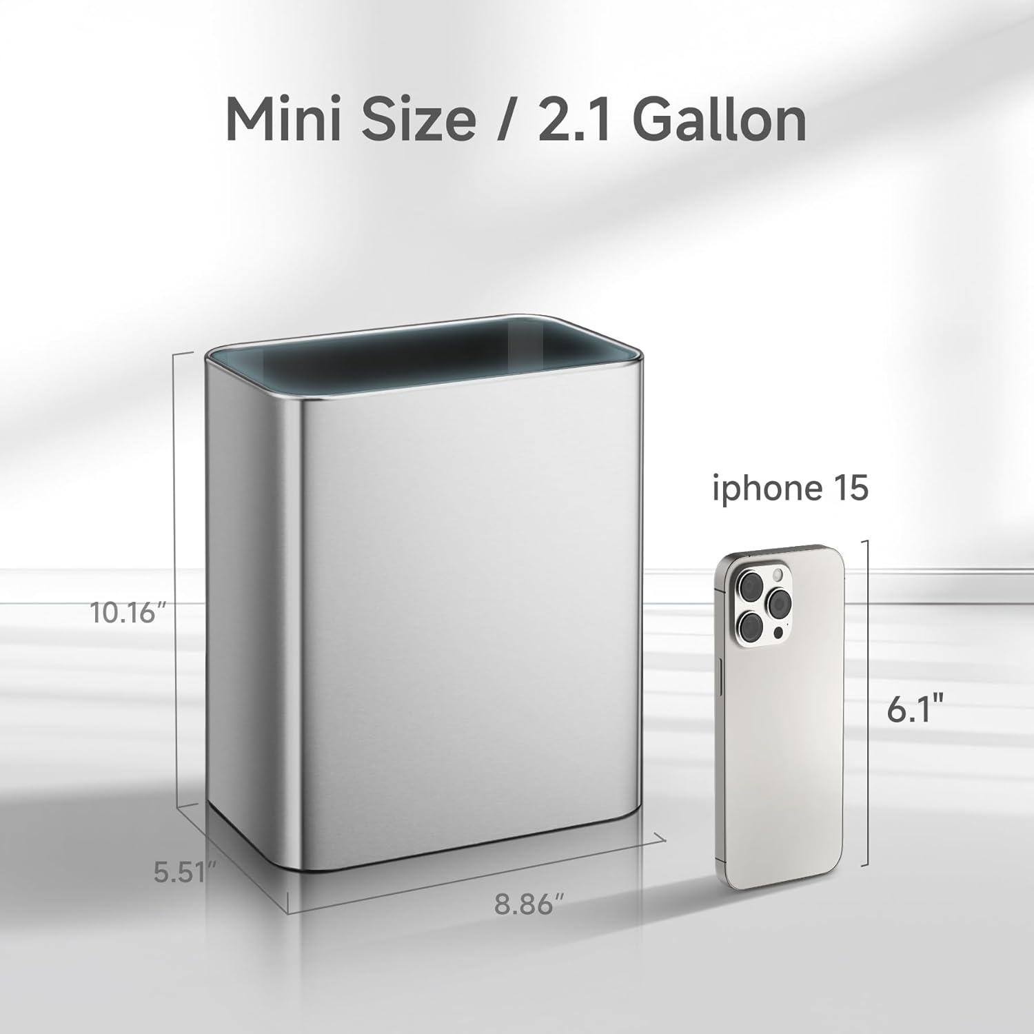 TIPGO Small Metal Trash Can, 2.1 Gallon Slim Trash Can for Bathroom, Wastebasket Garbage Bin for Bedroom, Office, Kitchen, Under Sink (Silver)