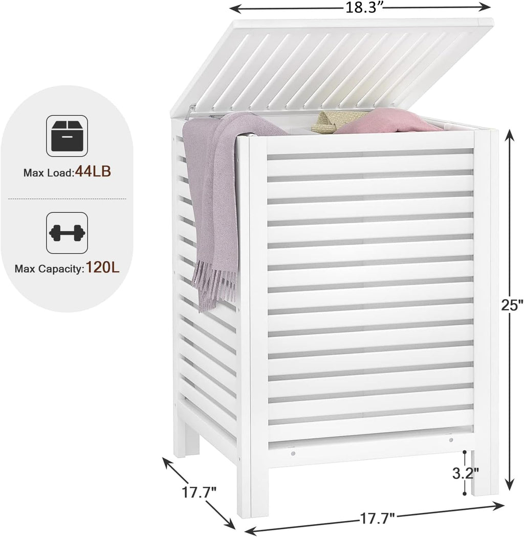 Homykic Bamboo Laundry Hamper with Lid, 120L Large Clothes Laundry Sorter with Removable 2-Section Liner Bag, Raised Laundry Basket Organizer for Clothing, Bathroom, Bedroom, Laundry Room, White