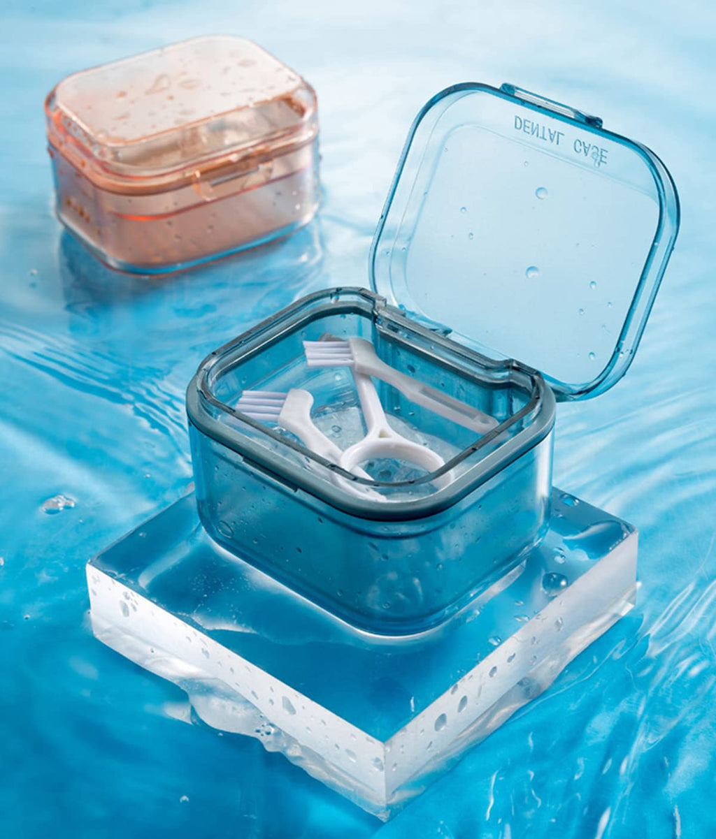 MURRI&MURRDI Retainer Case, Denture Bath Box with Strainer Basket, Mouth Guard Case, Braces Cleaner Cup, Cute Denture Cleaning Holder for Travel Retainer Storage Soak Container (B Blue)