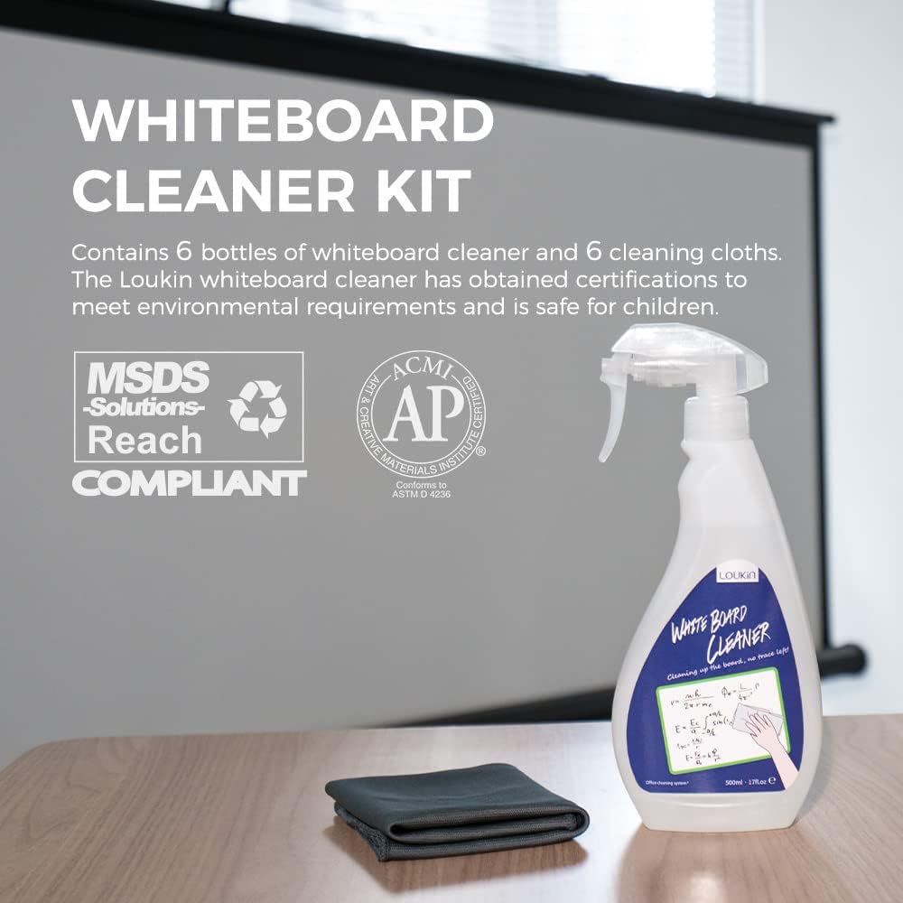 loukin Non-Toxic Whiteboard Cleaner, 17 fl oz Dry Erase Board Cleaner, Low-Odor Whiteboard Cleaning Spray with Cloths, Removes Stubborn Marks from Whiteboards, Chalkboard (6-Pack)