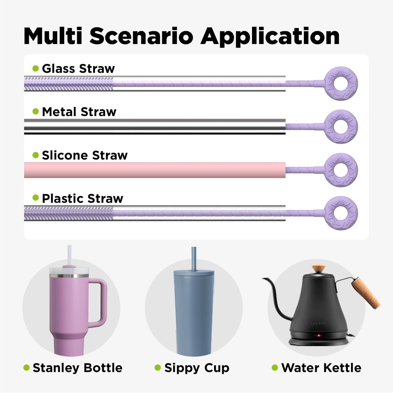 2 Pcs Silicone Straw Cleaner Brush, Extra Long Cleaning Brushes for Straws, 6mm&9mm, Purple