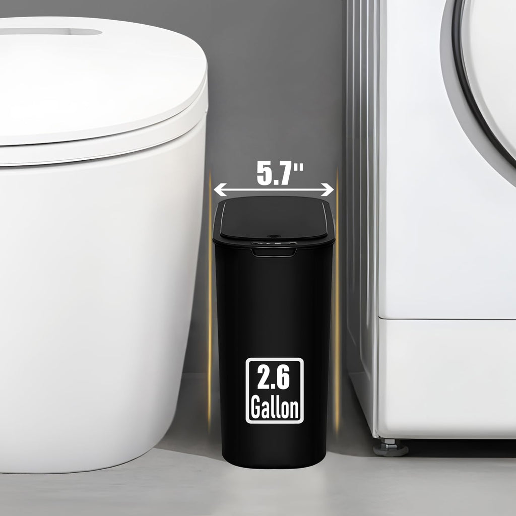 TIPGO Automatic Motion Sensor Bathroom Trash Can with Lid, 2.6 Gallon Touchless Trash Bin, Smart Garbage Can Plastic Slim Wastebasket for Bedroom, Office, Dorm (Black)