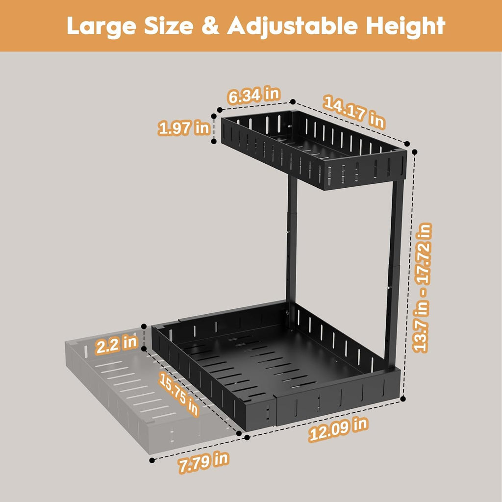 REALINN Under Sink Organizer, 2 Tier Expandable Under Cabinet Organizer, Heights Adjustable Pull Out Storage for Kitchen Bathroom Laundry, Black, 1 Pack