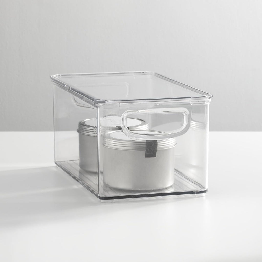 mDesign Plastic Deep Storage Bin Box Container with Lid and Built-In Handles - Organization for Fruit, Snacks, or Food in Kitchen Pantry, Cabinet, or Cupboard, Ligne Collection, 4 Pack, Clear