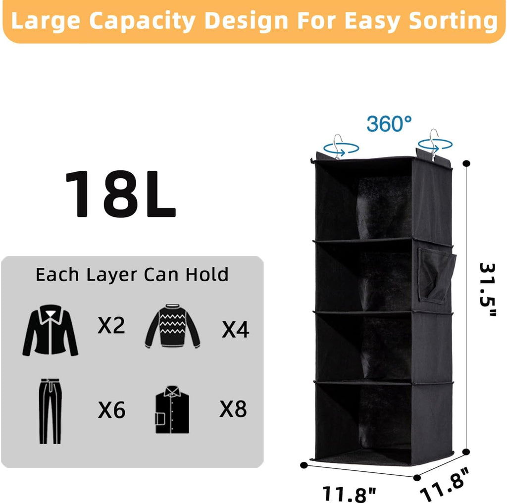 2 Packs Hanging Closet Organizer, 4-Shelf Closet Organizers and Storage with Side Pockets, Collapsible Hanging Shelves for Closet & RV & College Dorm,Black