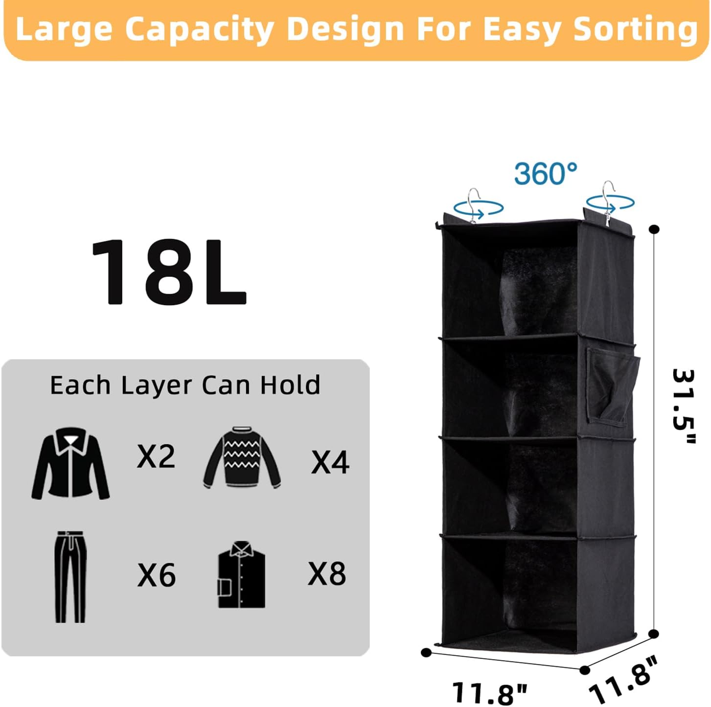 2 Packs Hanging Closet Organizer, 4-Shelf Closet Organizers and Storage with Side Pockets, Collapsible Hanging Shelves for Closet & RV & College Dorm,Black