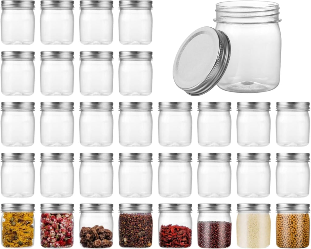 Plastic Mason Jars Reusable Storage Containers with Silver Airtight Lid 8 Ounce Clear Jars for Dry Foods, Coffee,BPA Free (32 Pack-Sliver)