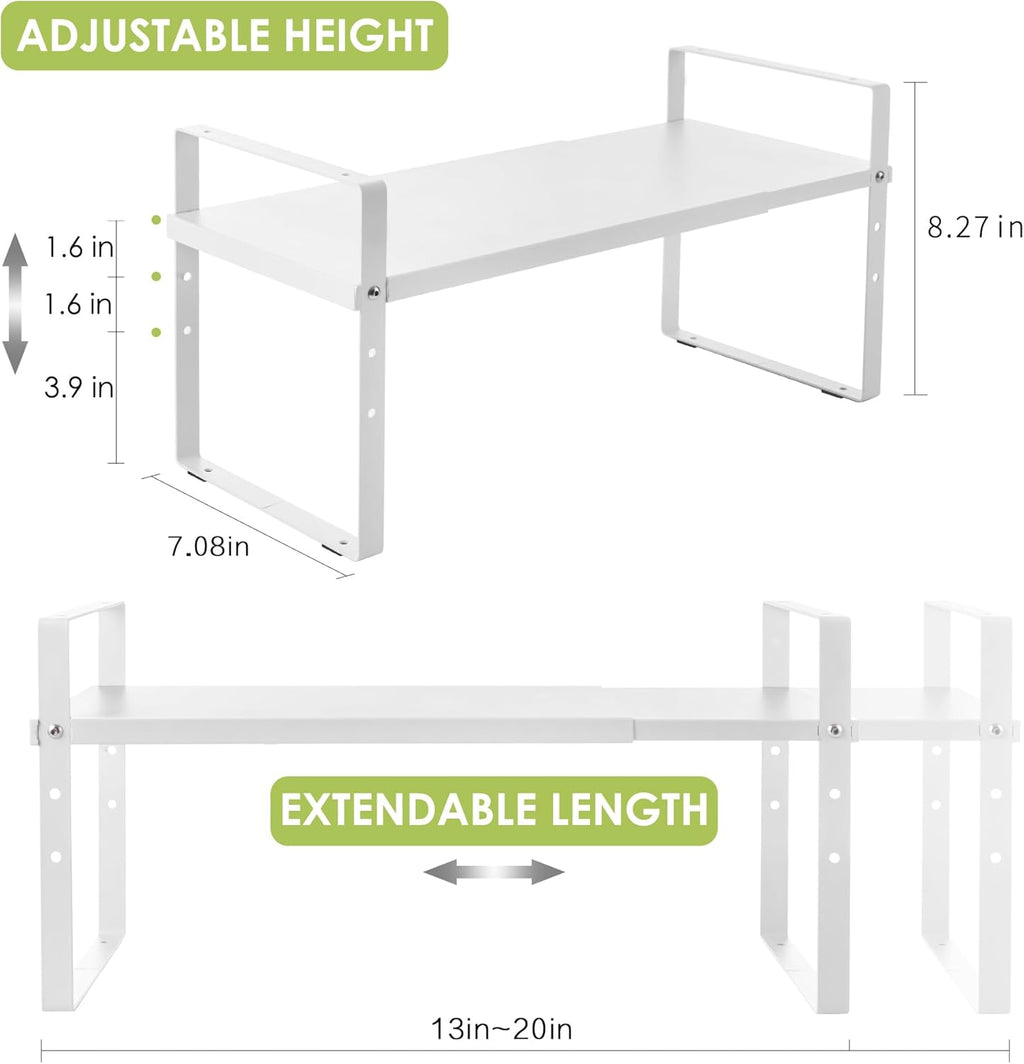 Expandable Cabinet Shelf Organizer Rack, Stackable Kitchen Counter Storage Shelves Stand, Adjustable Height Pantry Shelf Spice Rack (White, 1 Pack)