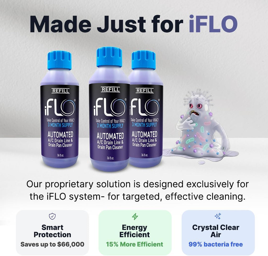 iFLO® Smart A/C Drain Line Cleaner and Drain Pan Cleaner Cartridge, Fast-Acting, Long-Lasting HVAC System Solution for Tough Clogs & Buildup, 3-Month Supply per Bottle, 1 Pack of 36oz