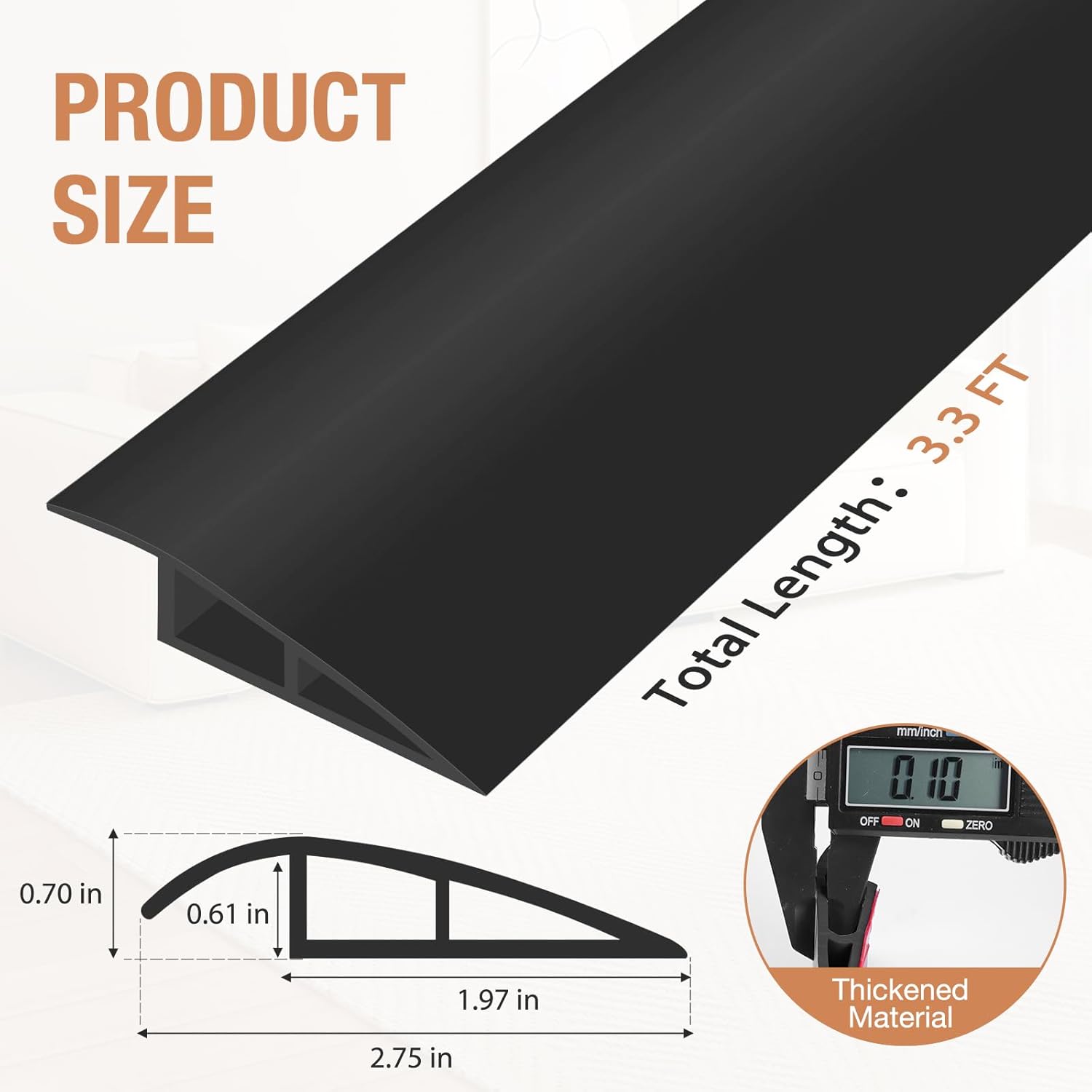 Floor Transition Strip Self Adhesive Vinyl Door Threshold for Doorways Carpet Edging Trim Overlap Edge Reducer for Laminate Floor, Carpet, Tile (Black, 2/5" to 3/5", 3.3Ft)