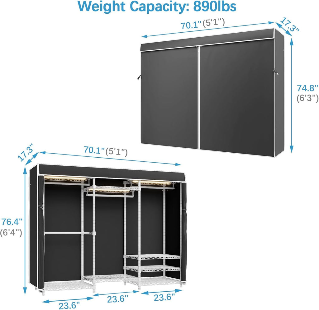 VIPEK V5LC Garment Rack Heavy Duty Covered Clothes Racks with Dimmable LED Light, 3000K Warm White, Portable Closet Wardrobe Freestanding Clothing Rack for Hanging Clothes, White Rack with Black Cover