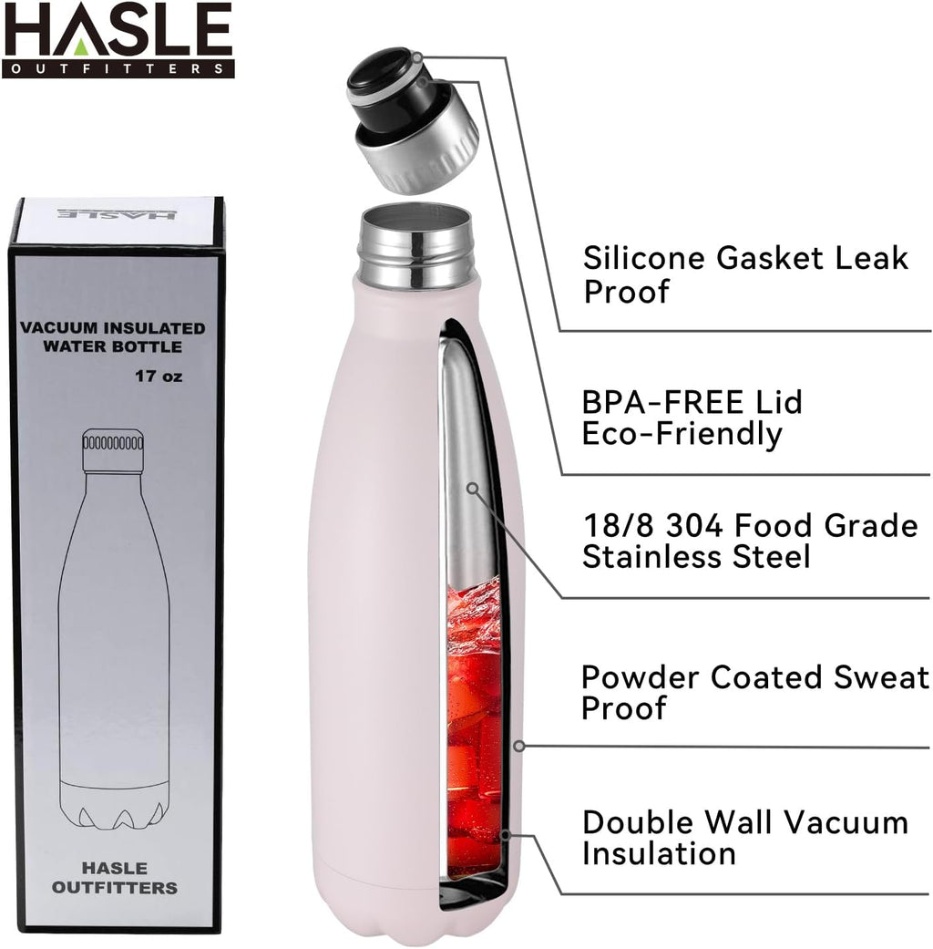 HASLE OUTFITTERS 17oz Stainless Steel Water Bottles Bulk, Vacuum Insulated Water Bottles Double Walled Powder Coated Reusable Metal Sports Water Bottles Keep Drinks Hot and Cold,Pink, 8Packs