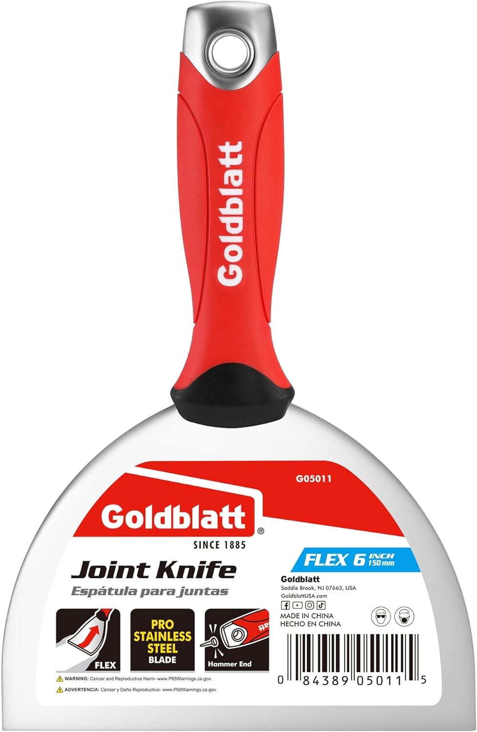 Goldblatt 6" Putty Knife, Stainless Steel Scraping Paint, Putty Knife Scraper with Hammer End, Soft Grip, Perfect for Drywall Repairing and Finishing