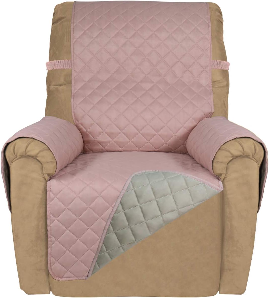 PureFit Reversible Quilted Sofa Cover, Water Resistant Slipcover Furniture Protector, Washable Couch Cover with Non Slip and Elastic Straps for Kids, Dogs, Pets (Small Recliner, Pink/Beige)