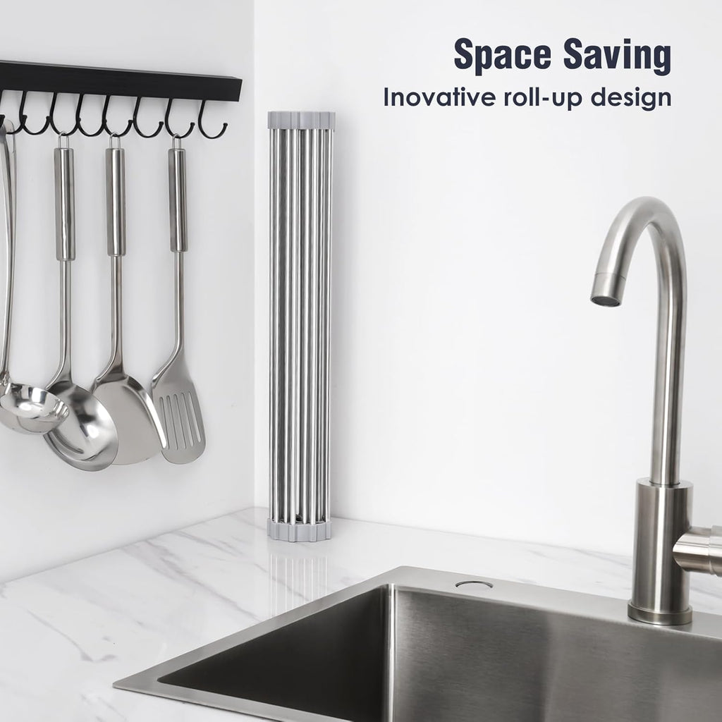 Tomorotec 21" x 15.5" Roll Up Dish Drying Rack Over Sink Drying Rack Sink Cover Kitchen Sink Accessories Gadget Multipurpose Organizer Foldable Stainless Steel Drainer
