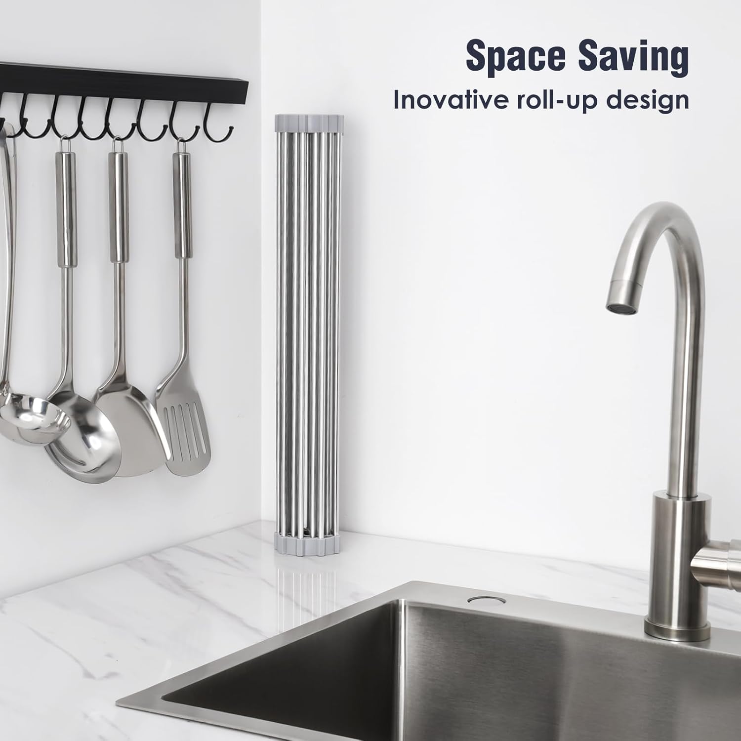 Tomorotec 21" x 15.5" Roll Up Dish Drying Rack Over Sink Drying Rack Sink Cover Kitchen Sink Accessories Gadget Multipurpose Organizer Foldable Stainless Steel Drainer