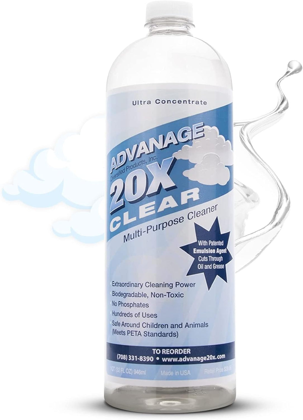 All Purpose Cleaner Concentrate - Advanage 20X The Wonder Cleaner Unscented for All Surfaces Around Bathroom, Kitchen, Oil and Grease | Multi Purpose Cleaner for Household Cleaning Solution | 32 Fl Oz