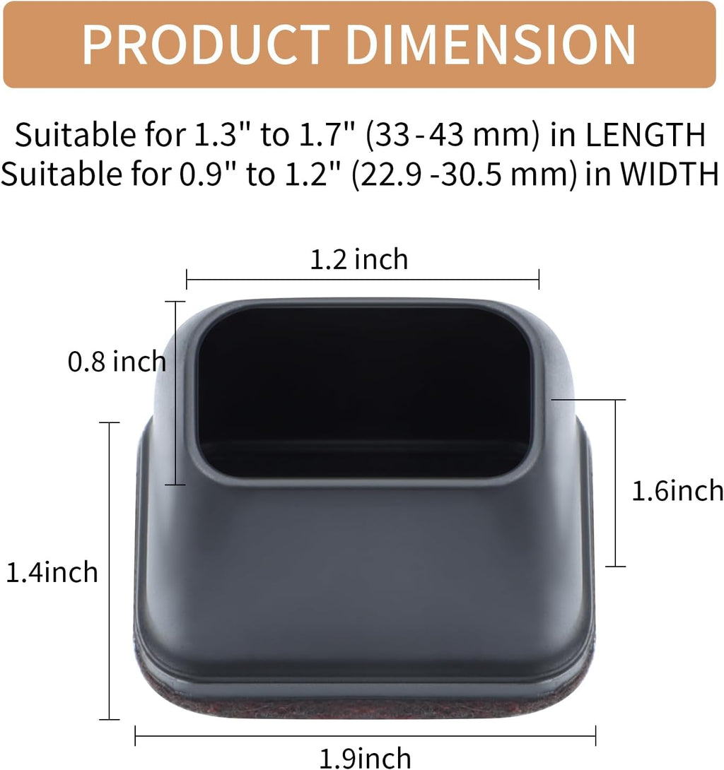 Ezprotekt 16 Pcs Rectangle Silicone Chair Leg Floor Protectors, Felt Rectangle Black Furniture Leg Cap Covers for Chair Table Desk - Anti- Scratches (Fit L :1.3-1.7", W: 0.9-1.2")