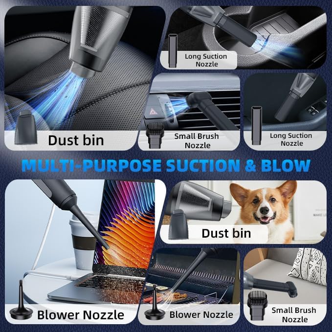 PATO Handheld Vacuum, 13000PA Portable Cordless Car Vacuum Cleaner, Suction and Blow 2-in-1 Dust Removal Vacuum Cleaner for Car, Home, Office, Pet. Black