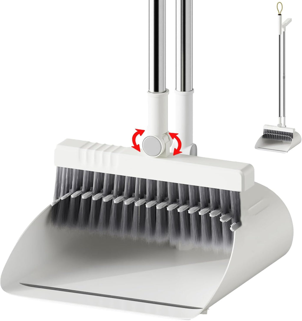 Upgrade Broom with Dustpan Combo Set, Broom and Dustpan Set with Adjustable Handle，Self-Cleaning Dustpans Teeth for Home Kitchen Office Hall Floor，ZeroGap Lip （White&Grey）