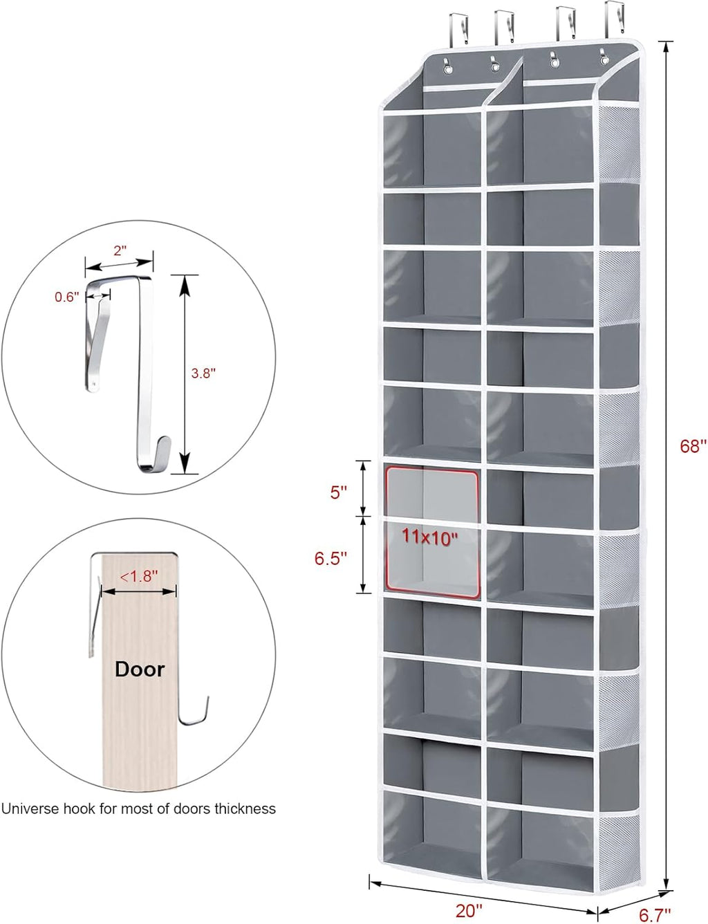 Univivi Over the Door Organizer 6 Tiers, Extra Large Door Hanging Organizer with Clear Deep Pockets Over the Door Storage for Closet, Bedroom, Nursery, Bathroom and Pantry (Grey)