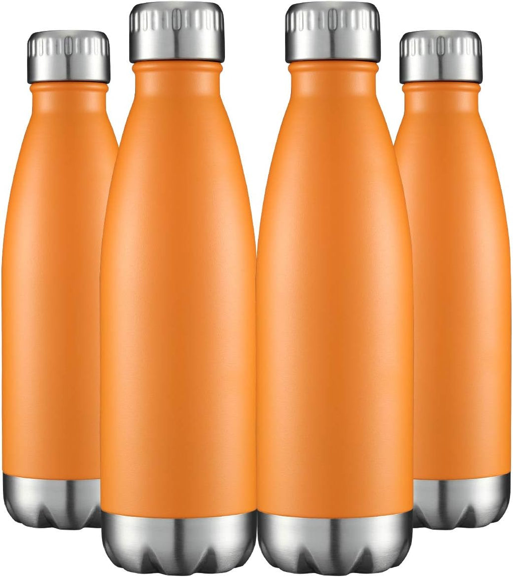 HASLE OUTFITTERS 17oz Stainless Steel Water Bottles Bulk, Vacuum Insulated Water Bottles Double Walled Powder Coated Reusable Metal Sports Water Bottles Keep Drinks Hot and Cold, Orange, 4Packs