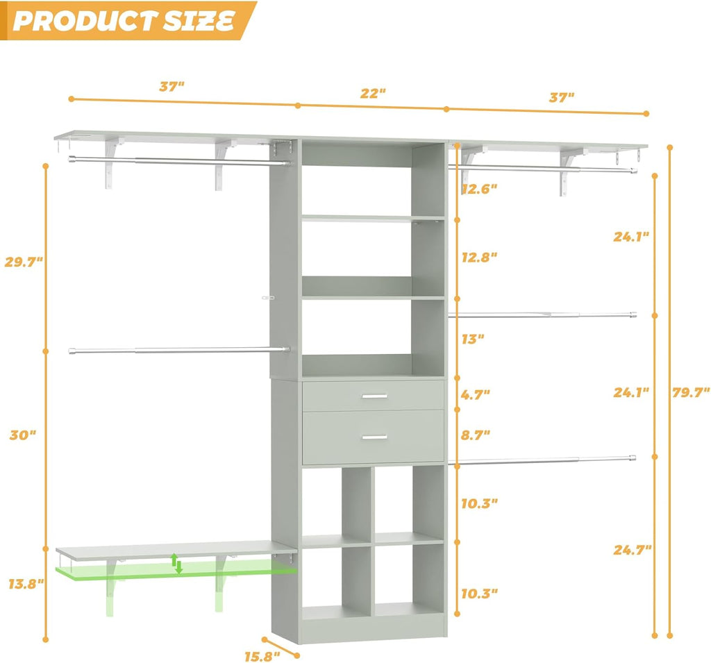 Closet System - 4.75-8FT Closet Organizer System with Wooden Drawers & Cube Storage Organizer, Up To 96" Closet Systems for Nursery & Walk-In Closets with Cuttable Hanging Shelving, Crab Green