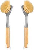 2 Pack Dish Brushes with Bamboo Handle, Kitchen Dish Scrubber Built-in Scraper, Scrub Brush for Pans, Pots, Counter & Kitchen Sink Cleaning, Dishwashing and Cleaning, Perfect Cleaning Tools, Gray