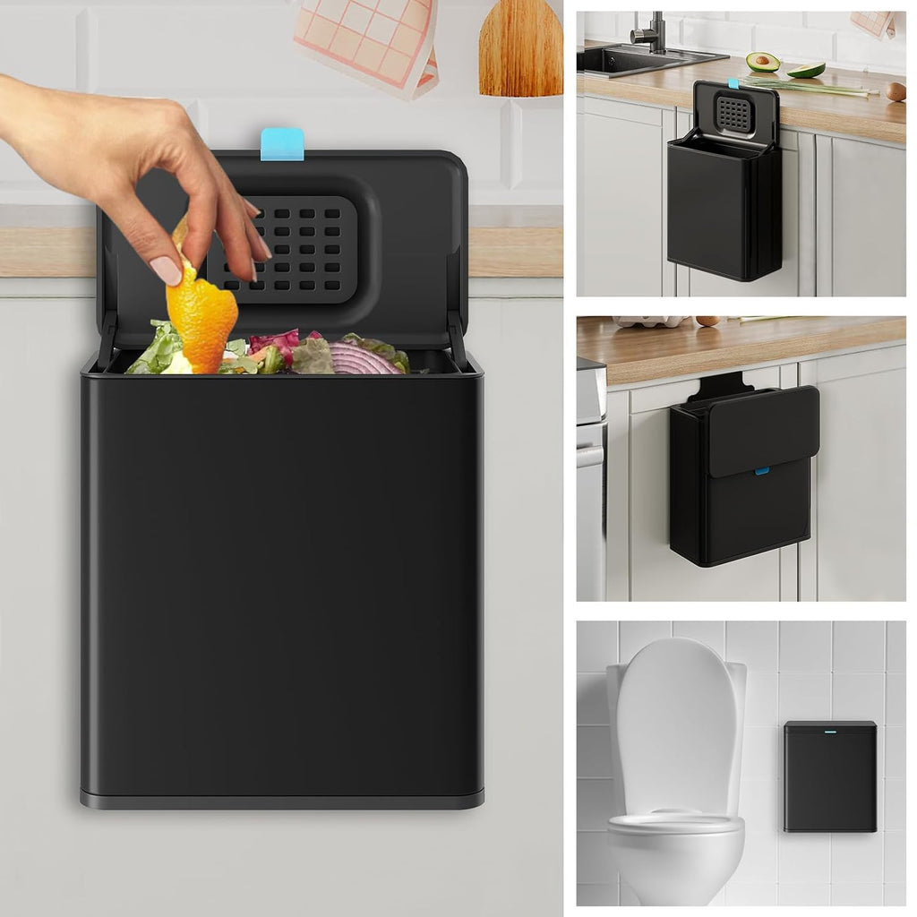 Stainless Steel Hanging Trash Can with Lid and Inner Bucket, 2 Gallon Kitchen Compost Bin for Counter Top, Under Sink or Wall Mount, Small Garbage Can for Cupboard/Bathroom/Bedroom/RV, Black