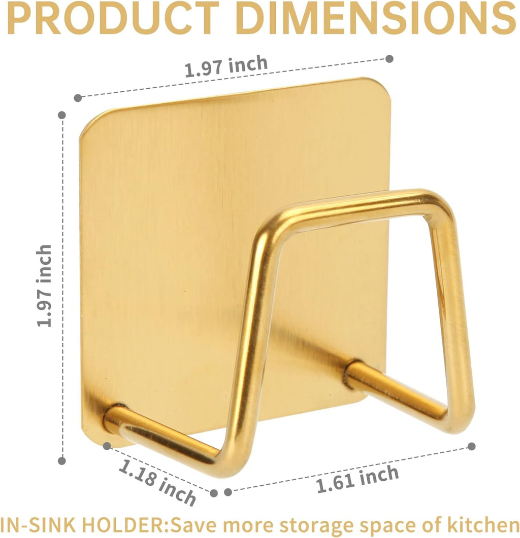 2Pcs Adhesive Sponge Holder for Kitchen Sink Essentials, Stainless Steel Dish Soap Holder, Rustproof and Waterproof, Quick Drying, Minimal Size Saves Space, Gold