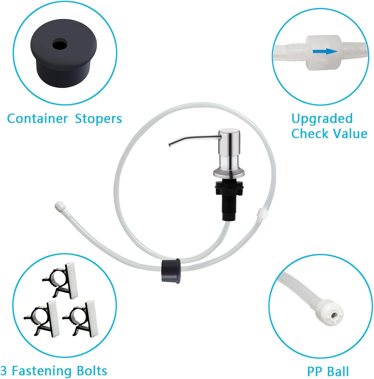 Kitchen Sink Soap Dispenser, Brushed Nickel Countertop Soap Dispenser Pump, 47" Silicone Extension Tube Connect to The Soap Bottle Directly, Say Goodbye to Frequent Refills