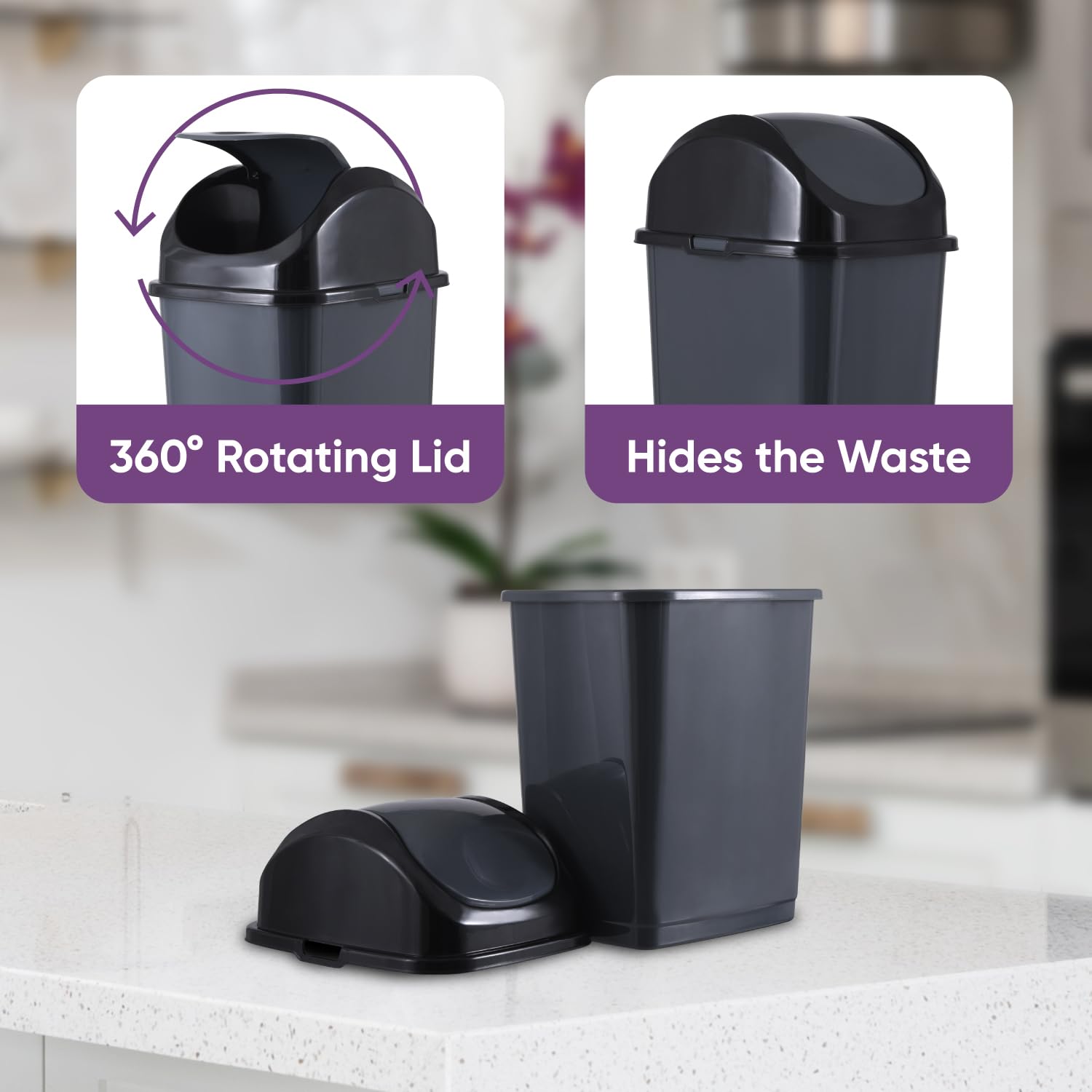 Superio Small 2.5 Gallon Plastic Trash Can with Swing Top Lid, Compact Slim Waste Bin for Under Desk, Office, Bedroom, Bathroom, Dorm Room, 10 Qt. Portable Garbage Can (Dark Grey, 2 Pack)