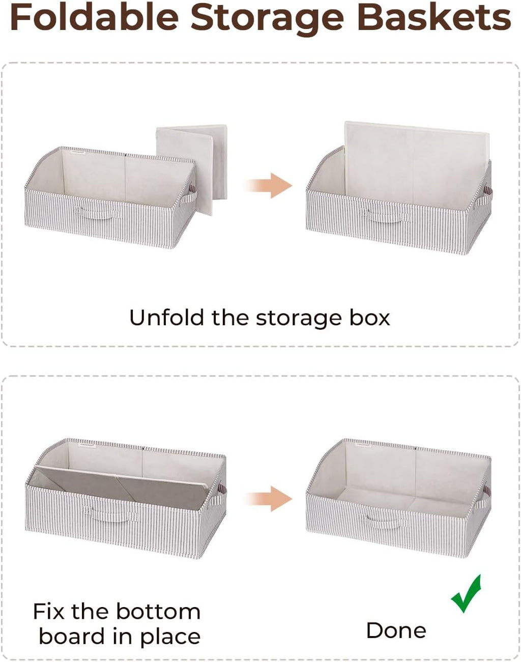 StorageWorks Closet Storage Bins, Trapezoid Organizer Box for Shelves, Fabric Clothes Bin, Foldable Organizing Baskets with Handles, Large, Khaki and Beige Stripes, 3-Pack