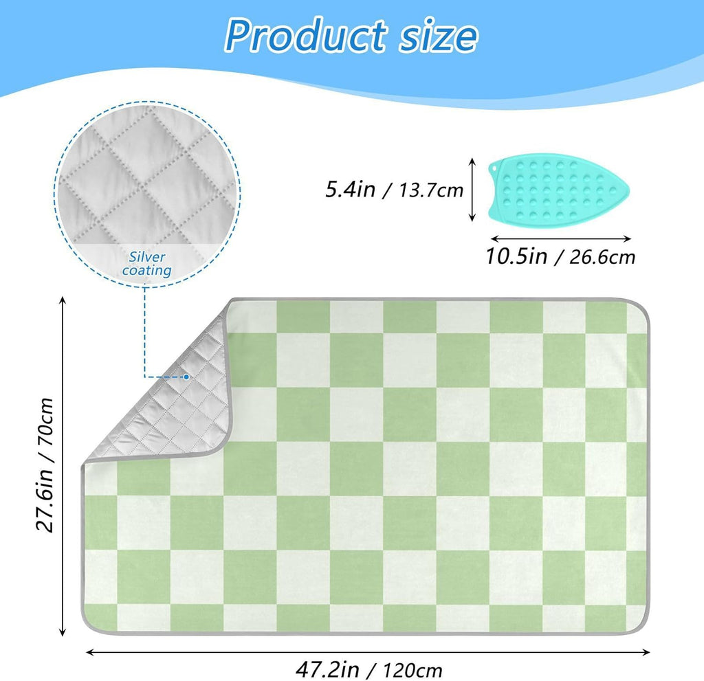 Checkered Mint Green White Plaid Ironing Mat for Table top Portable Ironing Pad Blanket for Washer Dryer Countertop Travel