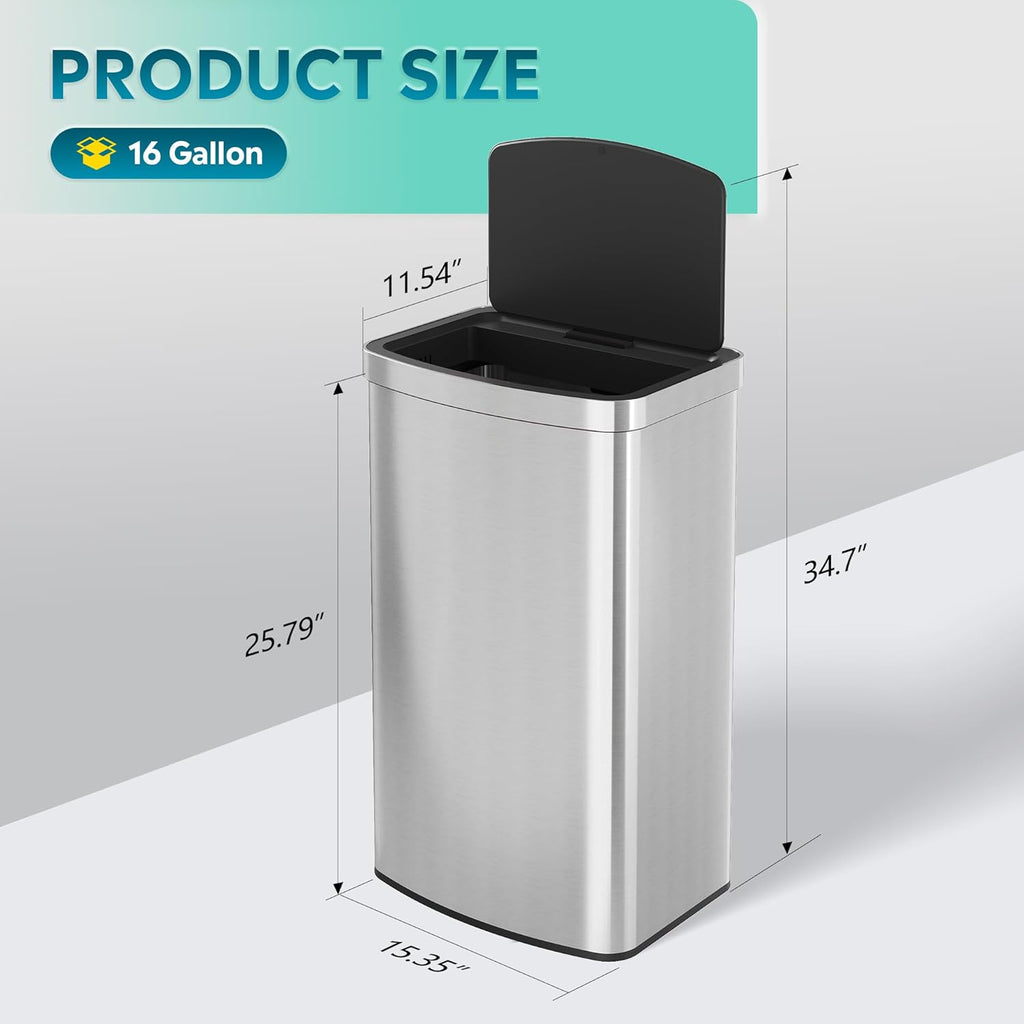 WLIVE 16 Gallon Motion Sensor Trash Can, 60 Liter Automatic Kitchen Trash Can with Soft Close Lid, Touchless Electronic Smart Stainless Steel Waste Bin for Kitchen, Office, Silver