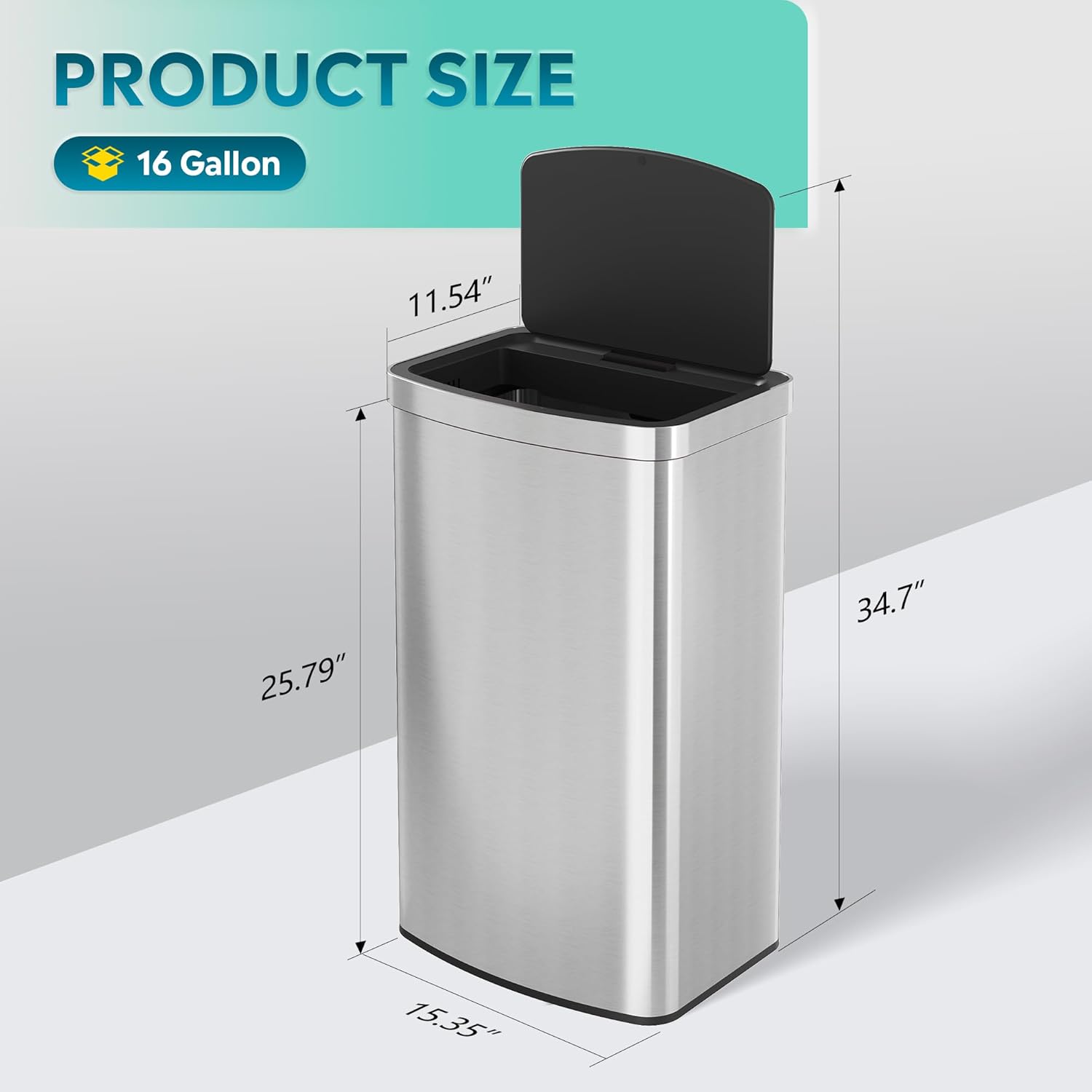 WLIVE 16 Gallon Motion Sensor Trash Can, 60 Liter Automatic Kitchen Trash Can with Soft Close Lid, Touchless Electronic Smart Stainless Steel Waste Bin for Kitchen, Office, Silver
