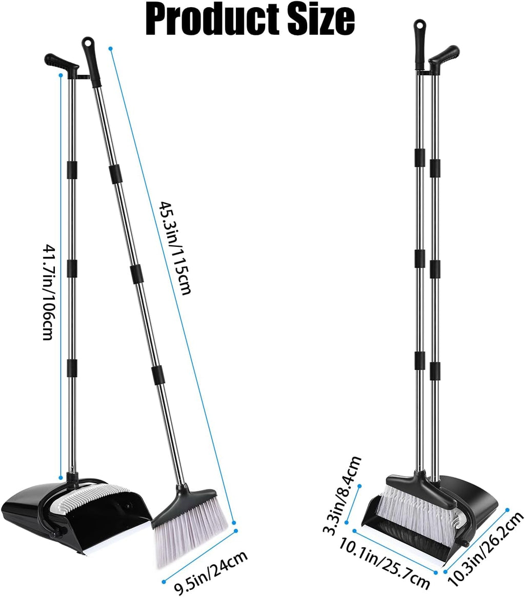 Broom and Dustpan Set with Long Handle and 6 Bonus Cleaning Tools, Upright Standing Combo with Self-Cleaning Teeth & Windproof Dustpan for Pet Hair, Home, Kitchen, Garage, Apartment