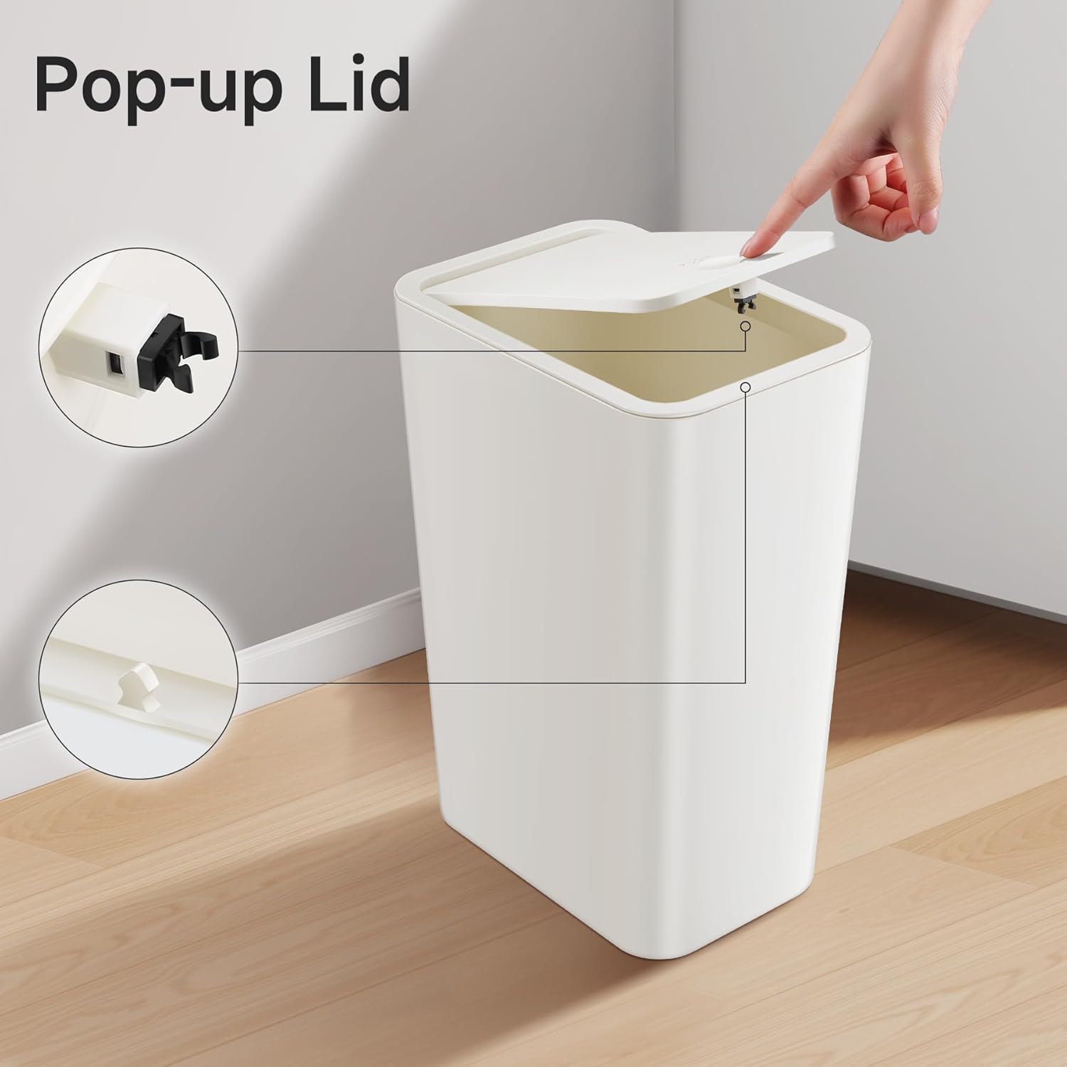 TIPGO Bathroom Trash Can with Lid, 4 Gallon / 15 Liter Small Garbage Can, Press Top Bin, Plastic Wastebasket with Pop-Up Lid for Bedroom, Living Room, Office (White)