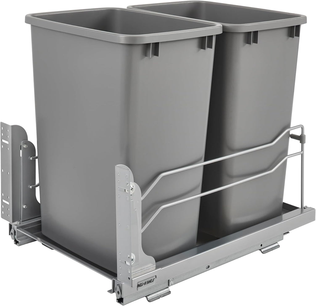 Rev-A-Shelf Double Pullout Trash Cans for Under Kitchen Cabinets 35 Quart 8.75 Gallon with Soft-Close Slides, Metallic Silver, 53WC-1835SCDM-217
