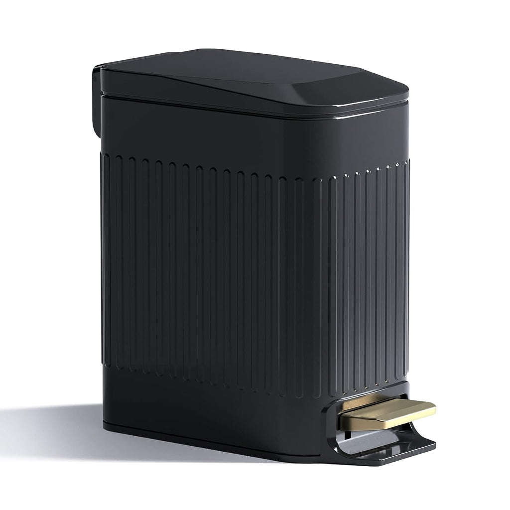CEROELDA Small Bathroom Trash Can with Lid Soft Close-5L/1.3 Gal Slim Garbage Can-Metal Step Wastebasket-Rectangle Narrow Waste Bin for Office, Bedroom, Toilet, Live Room (Embossed-Black)