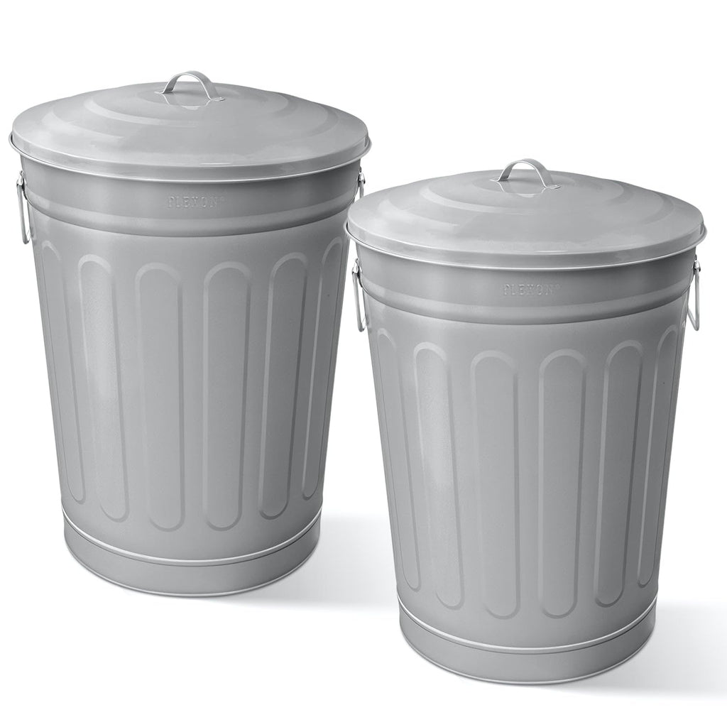 Plexon Round Trash Can 13 Gallon, Vintage Metal Outdoor Trash Can with Lid, Retro Farmhouse Garbage Container, Old School Modern Ash Bucket, Gray 2 Pack