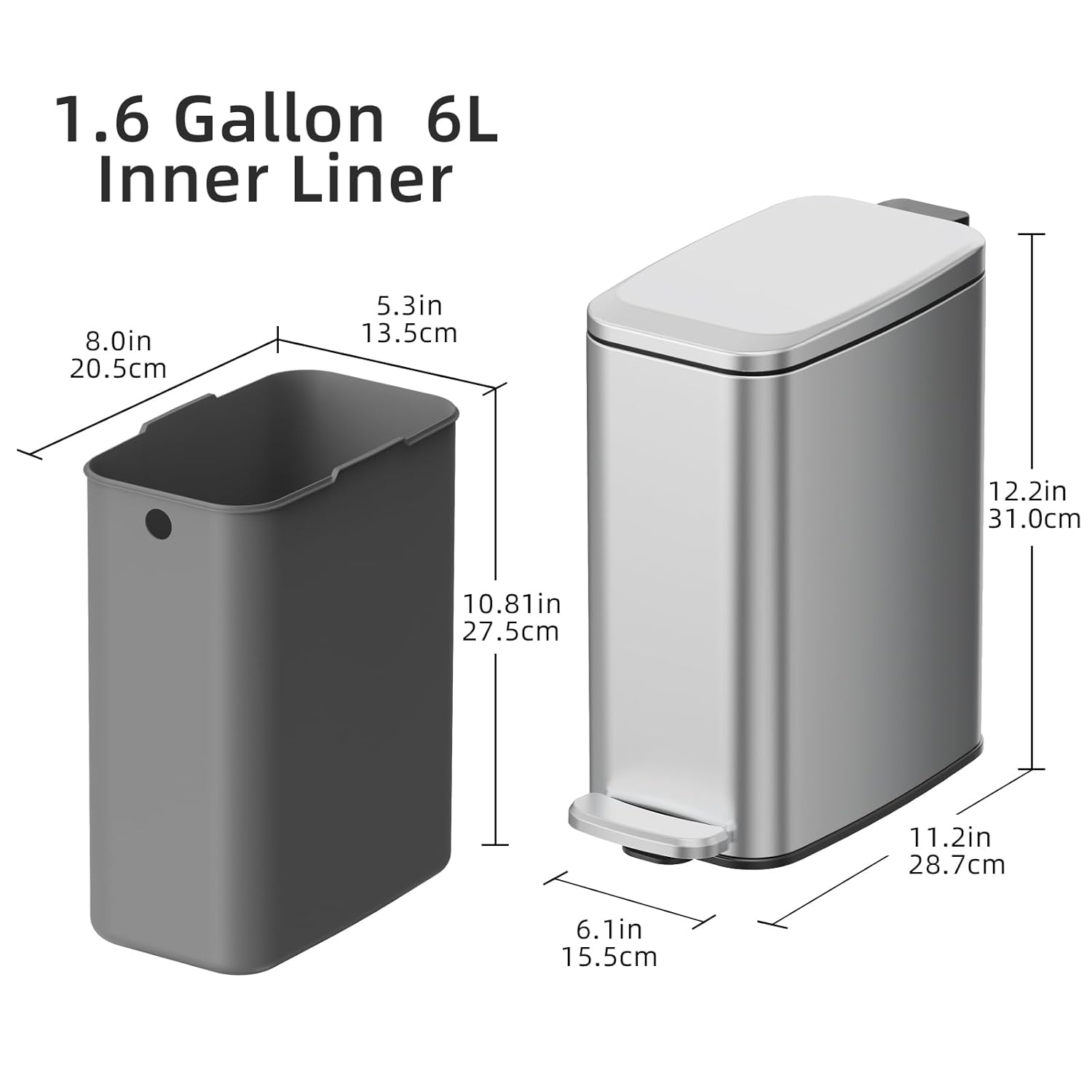 KUK Slim Bathroom Trash Can with Lid, 1.6 Gal / 6L Stainless Steel Small Garbage Bin with Detachable Inner Bucket, Step Pedal, Silent Close, Wastebasket for Toilet, Bedroom, Home, Office (Silver)