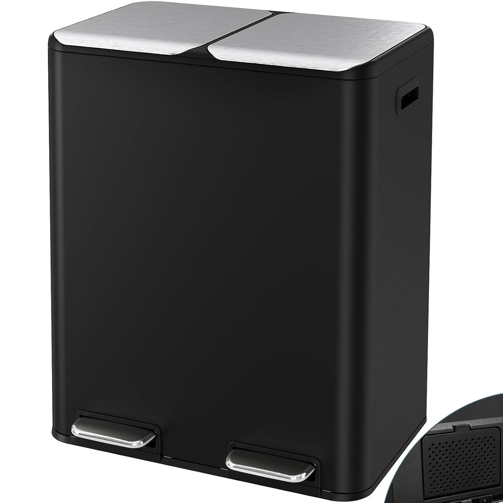 Arlopu 16Gal Dual Trash Can w/2 Built-in Box for Odor Control, Hands-Free Kitchen Garbage Bin, Recycle Waste Dustbin, Soft-Close Lid, 2 Buckets,Foot Pedal, Side Handle, Airtight,for Home Office